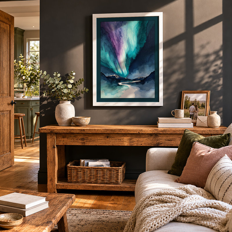 Aurora Over Mountains Scandinavian - Framed Print, A3 - 42.0 x 29.7 cm, White