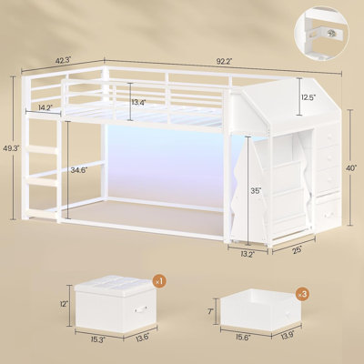 Lit superposé bas pour deux personnes avec tablette coulissante à roulettes, 3 tiroirs, tabouret de rangement, lit superposé au sol en métal avec éclairage RVB, barrière de sécurité et échelle, blanc