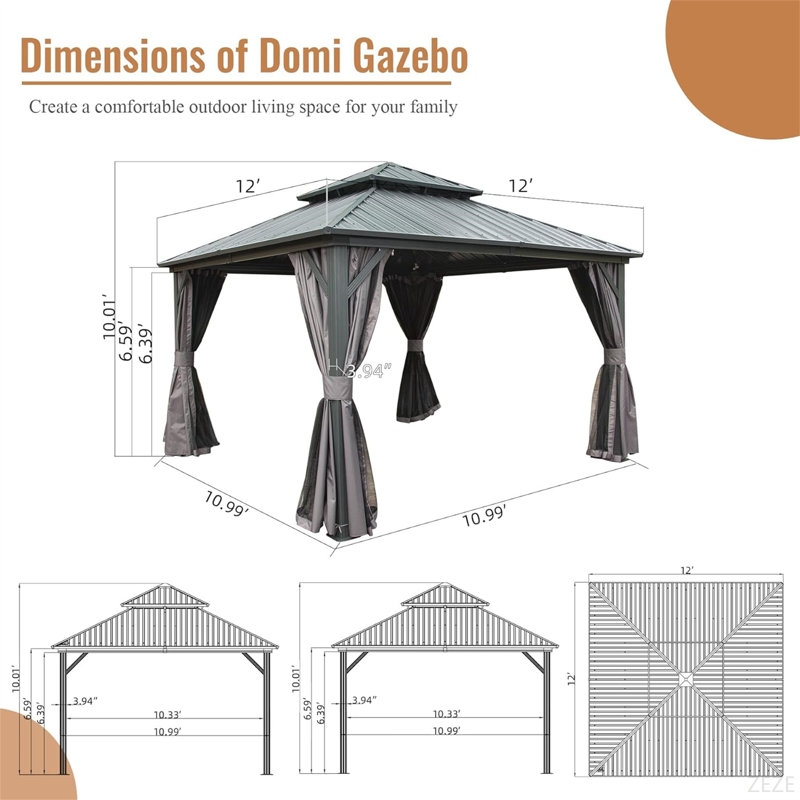 12' X 12' Hardtop Gazebo, Aluminum Metal Gazebo With Galvanized Steel Double Roof Canopy, Curtain And Netting, Permanent Gazebo Pavilion For Patio, Backyard, Deck, Lawn