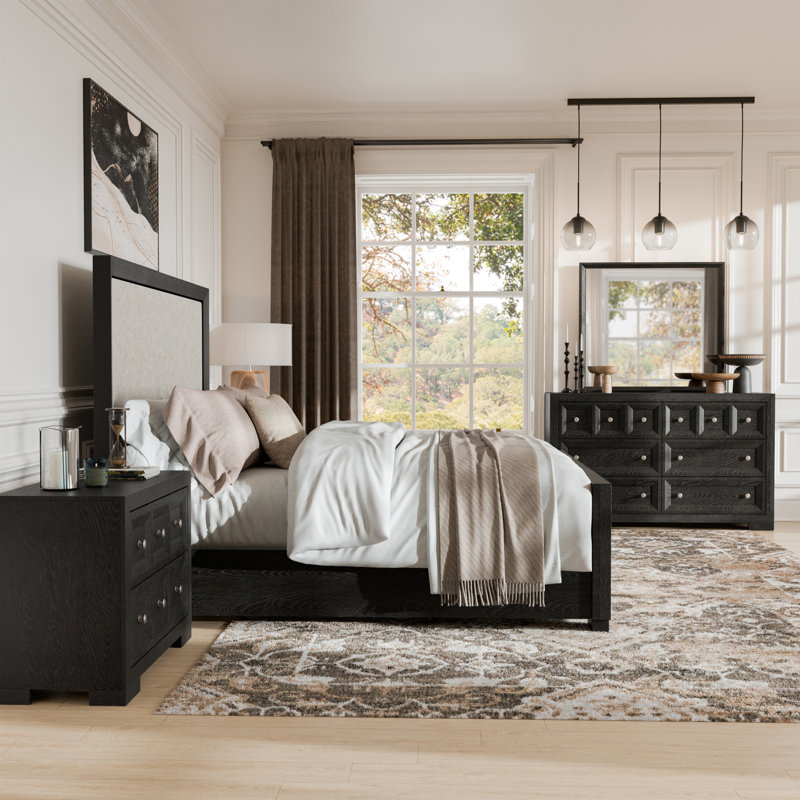 Dade 4-Piece Bedroom Set, Black, King, 4 Pcs: Bed, Nightstand, Dresser, Mirror