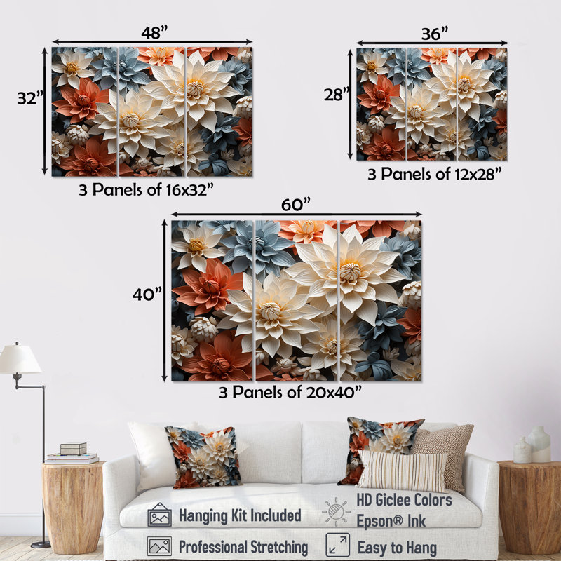 «Soft Elegance Mums Flowers» - ensemble d'art mural Mums, Toile tendue, H 32 po x l 48 po x P 1 po