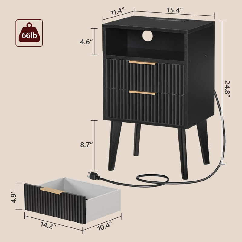 Modern Fluted 2 - Drawer Nightstand with Charging Station, Bedside Table with Open Shelf, Black