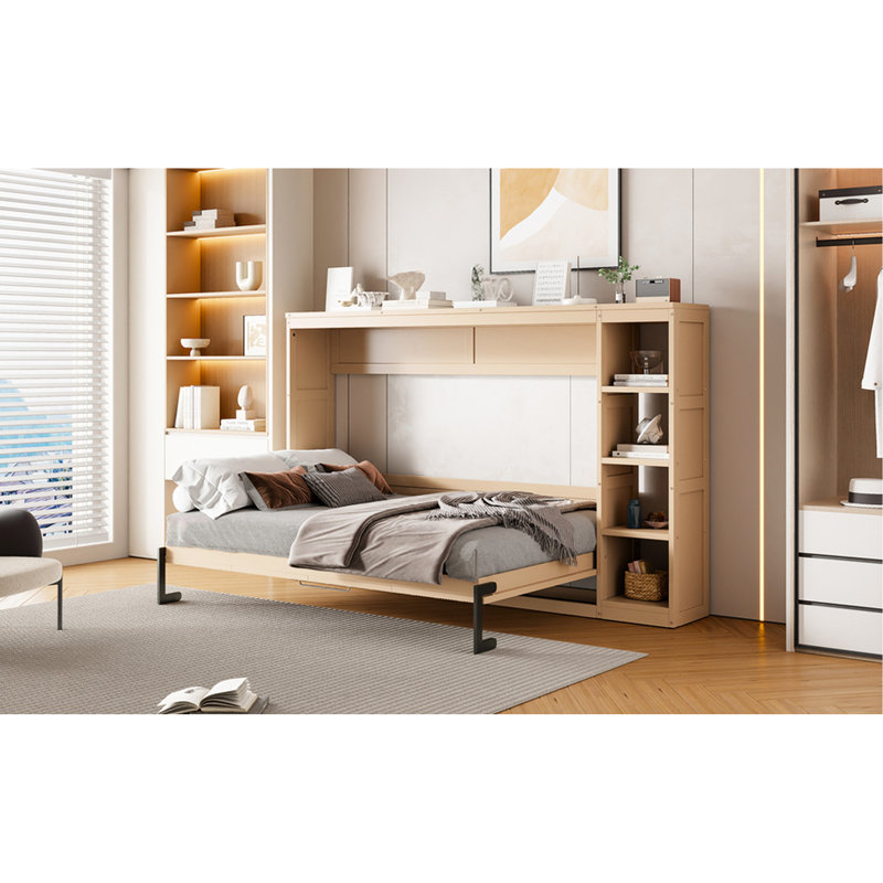 Lit double naturel avec bibliothèque décorative et structure, pliable pour économiser de l'espace dans votre appartement, nombreuses options de rangement, sommier à lattes de bois, cadre de finition à installation rapide, maison