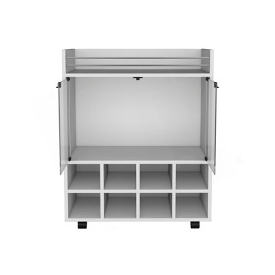 32" H White Bar- Coffee Cart, Kitchen Or Living Room Cabinet Storage With 4 Wheels, With 8 Bottle Racks, A Central Shelf Covered By 1 Glass Door, Ideal For Storing Glasses And Snacks