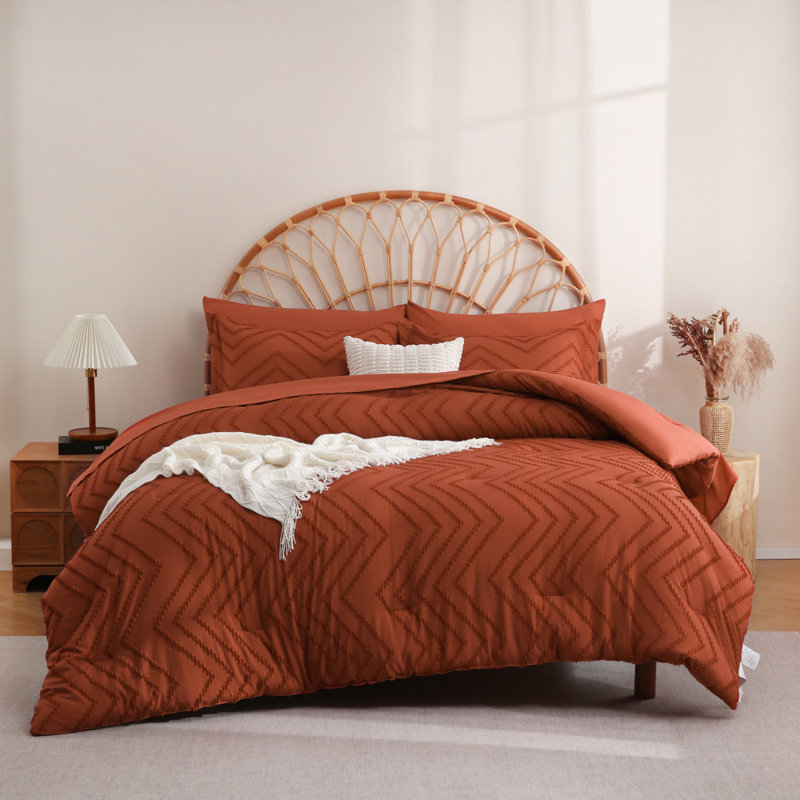 Ensemble d'édredon pour lit double drap et feuilles Orange brûlé - Ensemble de literie pour lit double dans un sac capitonné à chevrons 7 pièces avec édredon, draps, taies d'oreiller et taies décoratives