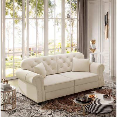 63" Mid-Century Modern Velvet Chesterfield Sofa with Nailhead Trim, Rolled Arms & Button Tufting, Beige/White, Includes 2 Pillows