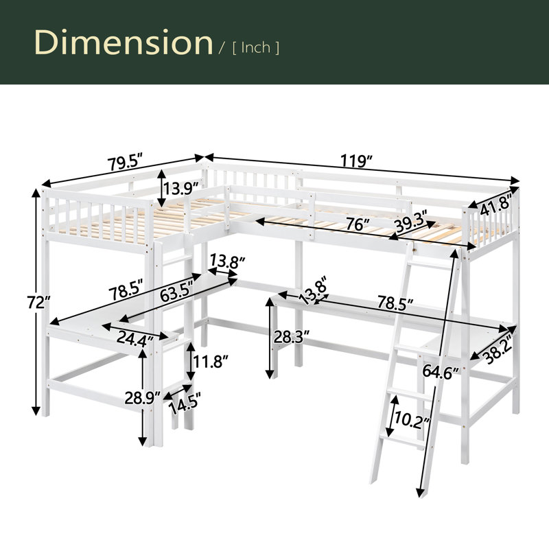 Lit mezzanine simple en bois en forme de L avec échelle et 2 bureaux intégrés en forme de L, Blanc