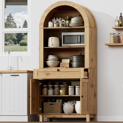 71" Arched Storage Bookcase, Display Cabinet With Adjustable Shelf And Drawer