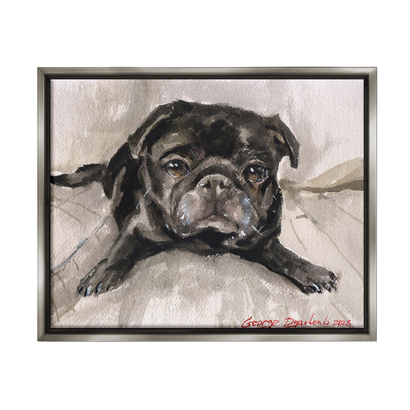 "Cozy Pug Relaxing" par George Dyachenko sur toile, Cadre flottant gris lustré, H 25 po x l 31 po