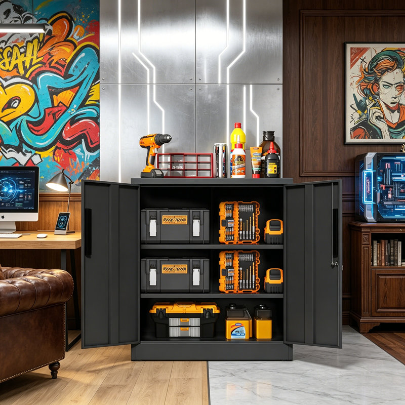 Armoire de rangement en métal avec 2 portes et 2 tablettes réglables