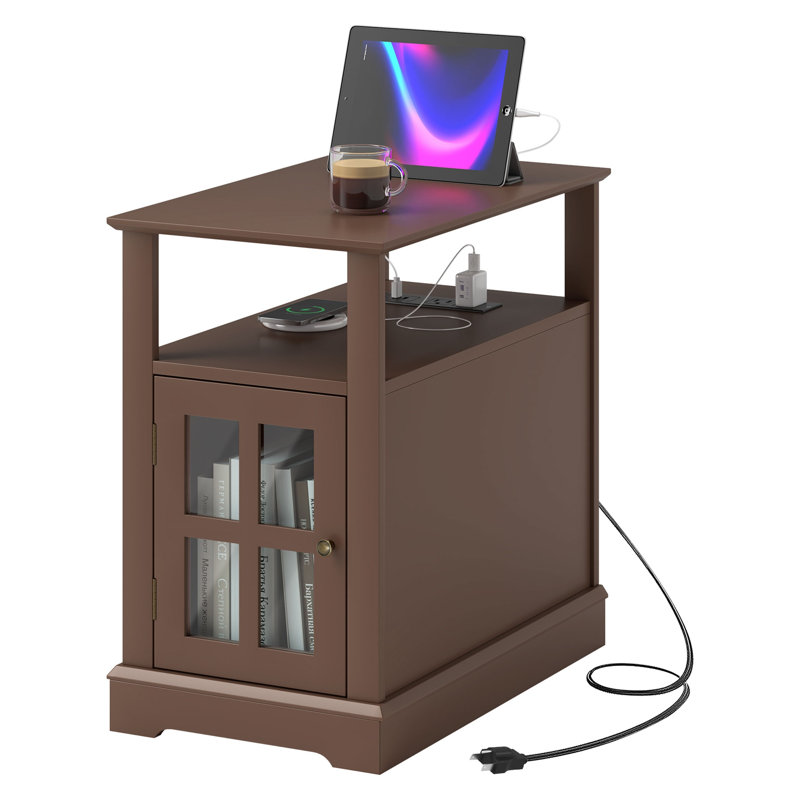 Table de bout avec station de charge, table d'appoint étroite avec ports et prises USB, petite table avec rangement caché et tablette ouverte pour le salon, brun