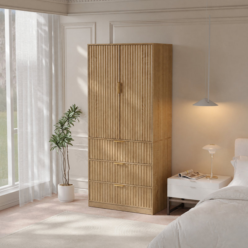 Armoire-penderie autoportante en bois avec miroir et 3 tiroirs l 70,9 po x l 29,9 po, Chêne