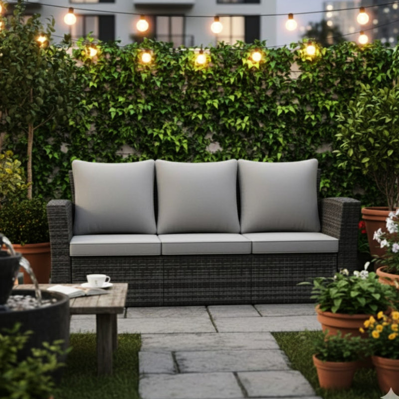 Patio 3 saisons 67,7 po avec coussins gris épais, structure noire, mousse haute et ergonomique