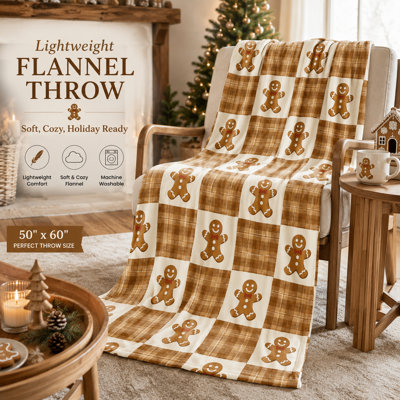 Brown Plaid Gingerbread Blanket with Cookie Figures and Cream Patchwork Blocks, Flannel Christmas Throw for Couch, Bed and Rustic Seasonal Decorating, 50 x 60 in