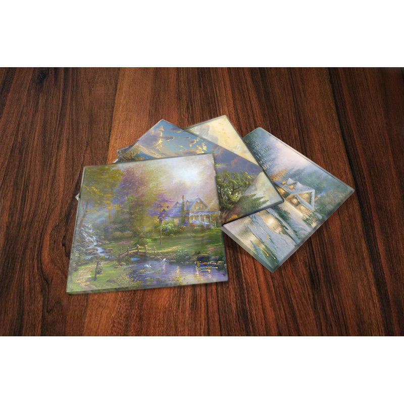 (Symboles) Ensemble de sous-verres en verre Starfire, Thomas Kinkade / Scènes de saisons