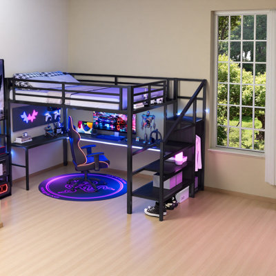 Full XL Size Loft Bed With L-Shaped Desk And USB, Metal Loft Bed With Wardrobe And Adjustable Shelf, High Loft Bed With LED For Kids Teens Adults