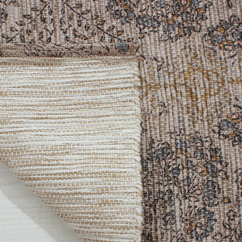 Vintage Inspired Blue and Brown Floral Cotton Rectangular Rug