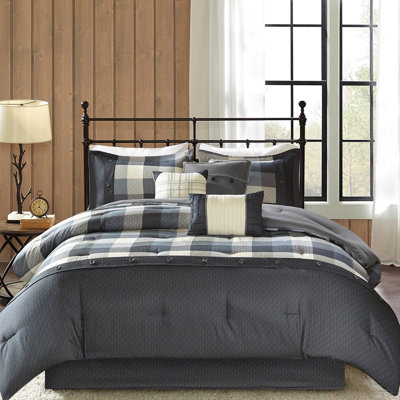 Grey King 7 Piece Herringbone Comforter , Cabin Style, Buffalo Plaid, , Comforter, 2 Shams, 3 Decorative Pillows, Bed Skirt, Machine Wash In For Bed, Plaid , Filling, Easy To Clean And Steam