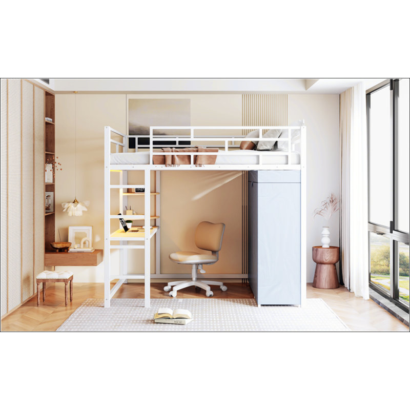 Lit en métal avec bureau Loft, Double, Blanc