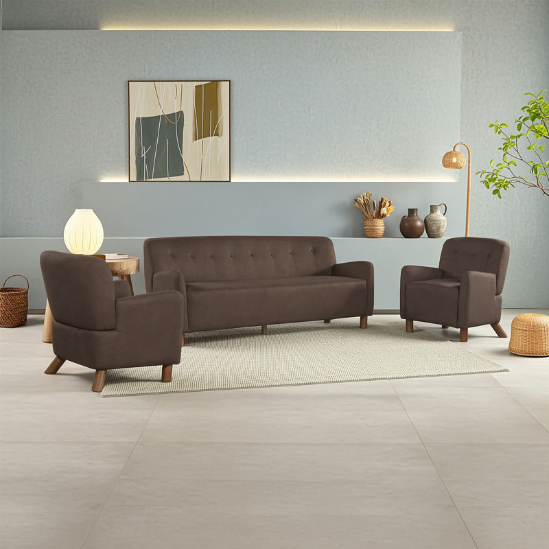 Ensemble de meubles de salon 3 pièces, canapé en lin capitonné et 2 fauteuils d'appoint avec pieds en bois massif, Brun