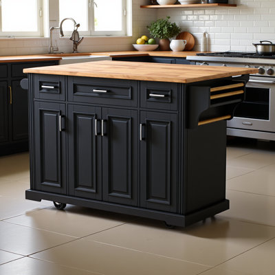Grand îlot de cuisine de 54 pouces avec abattant en bois d'hévéa, chariot de cuisine à roulettes en relief sur 4 roues avec 4 portes et 3 tiroirs, îlot de cuisine avec rangement pour la cuisine, salle à manger, noir