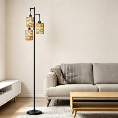 70-Inch Stepless Dimmable Floor Lamp With 3 Lights, Modern Boho Farmhouse Industrial Tree Lamp For Living Room, Bedroom, Office, Study With Rattan And Linen Shades