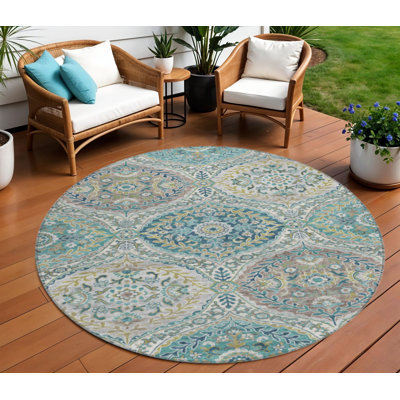 8' Teal Blue Fern Green And Beige Round Floral Washable Indoor Outdoor Area Rug