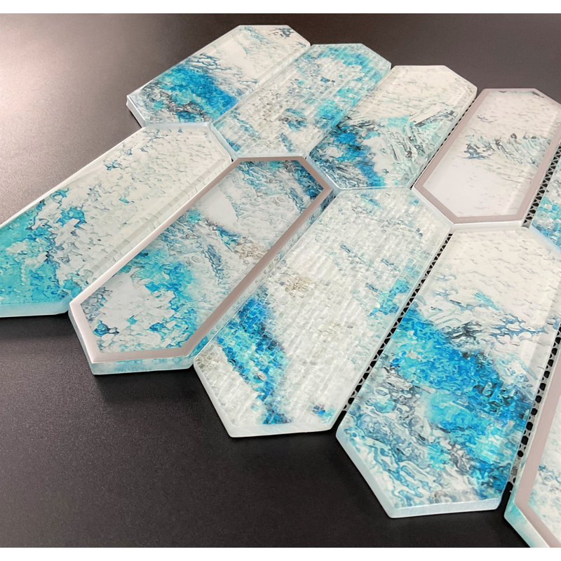 Glass Mosaic Wall Tile, Aqua & Silver Glazed