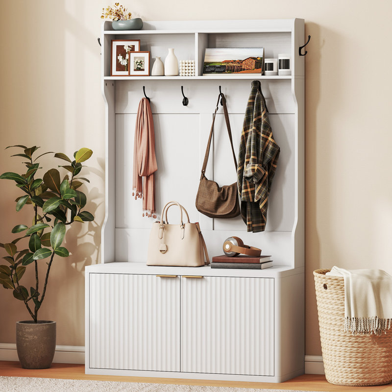 Portemanteau 4-en-1 avec banc à chaussures, portemanteau moderne pour couloir blanc