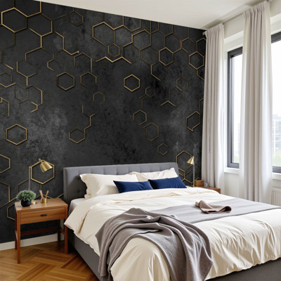 Peel and Stick Wallpaper Hexagon Grunge Texture Dark Concrete Gold Geometric Lines Wall Murals 100"H x 144"W Removable PVC Wall Paper Self-Adhesive Wall Decor for Bedroom Living Room Home Office