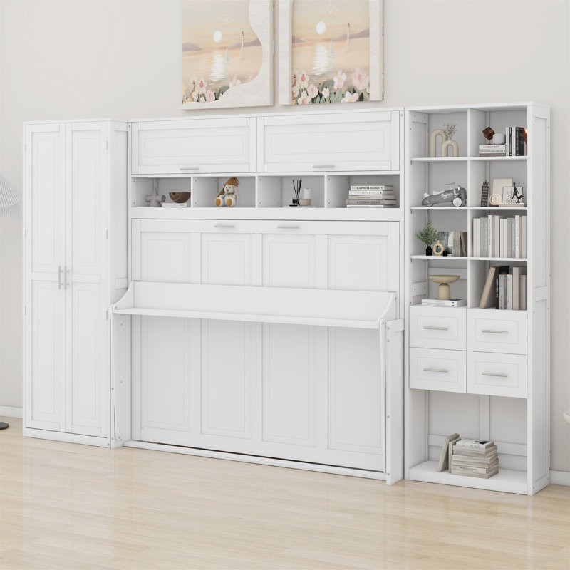 Lit escamotable Murphy avec placard, tiroirs et tablettes, Blanc