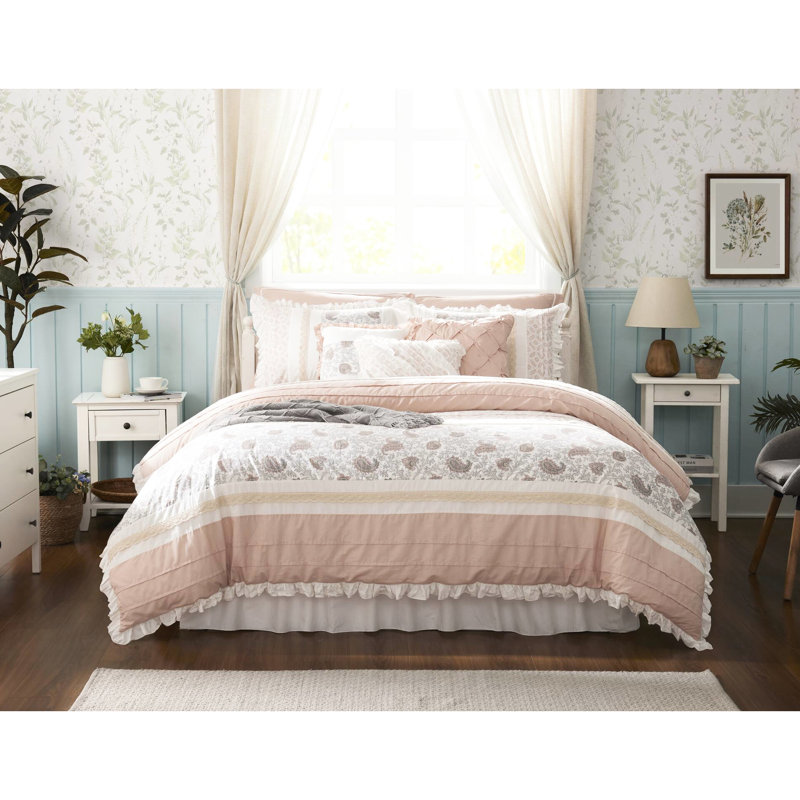 Édredon très grand 9 pièces en coton rosé avec imprimé cachemire, tissu, bride, 2 taies décoratives, 3 coussins décoratifs Euro