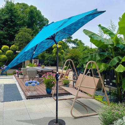 Parasols de patio en métal durable, hexagone 9 pi avec motif de glace cyan moderne