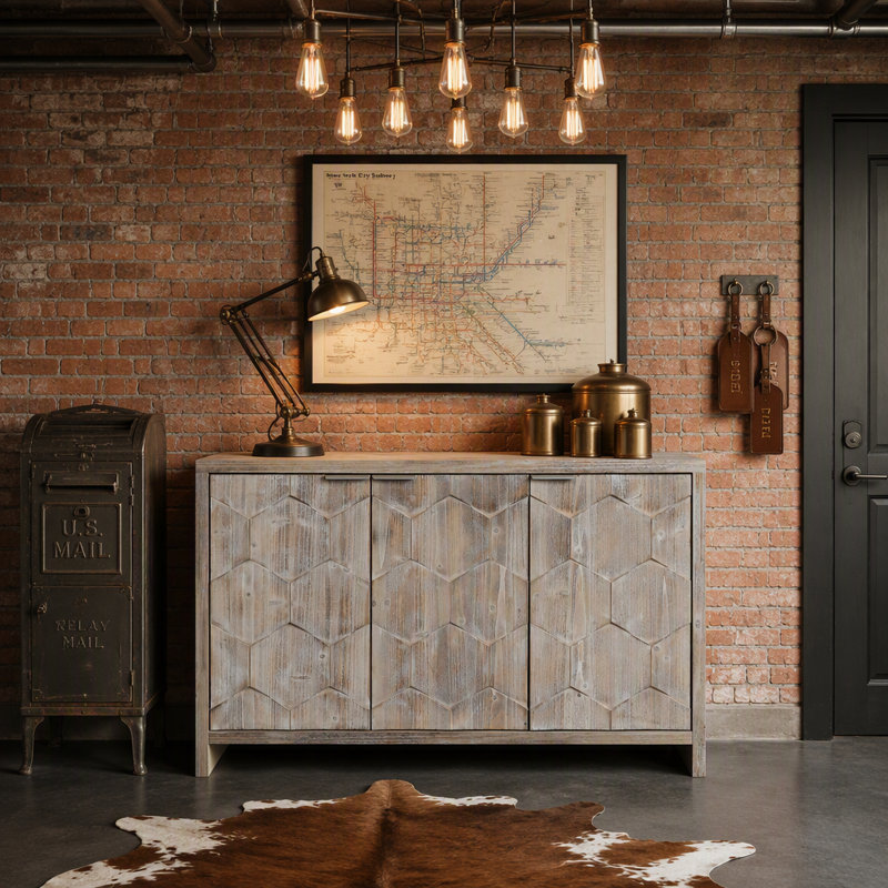 Buffet buffet à 3 portes avec beaucoup de rangement et design artistique, idéal pour l'organisation de la maison et la décoration intérieure