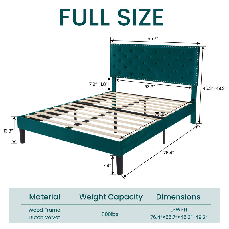 Aleiny Velvet Bed with Adjustable Upholstered Headboard, Full, Lake Blue