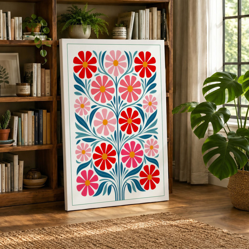 Floral Vase in Bloom Botanical - Wrapped Canvas, 30x20 - 76.2 x 50.8 cm, Teal Border