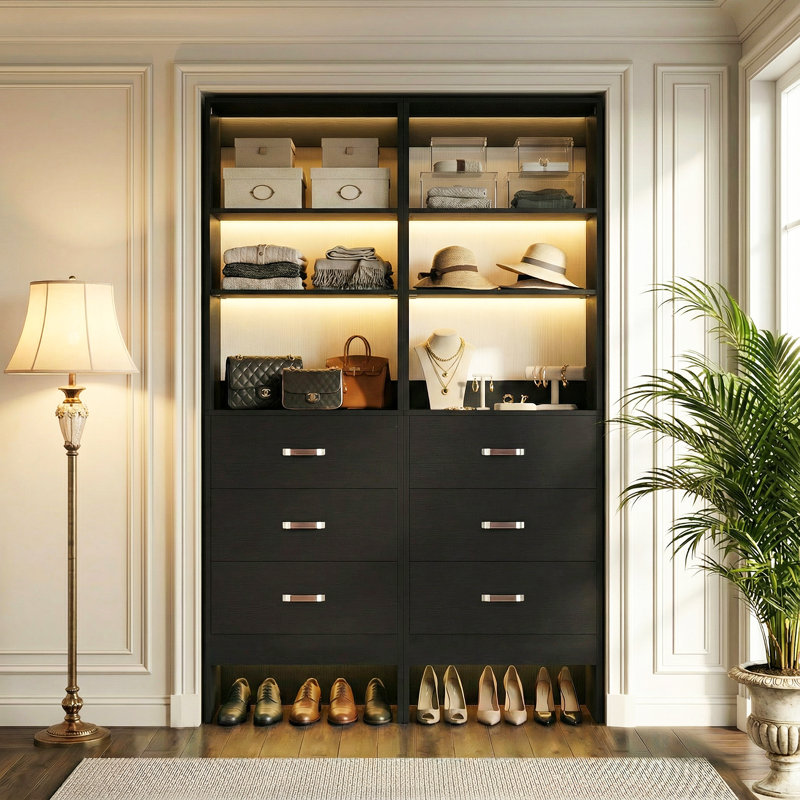 41"-107" Closet System With 6 Drawers And 8 Rods（Can Be Cut To Fit）, 75"H x 107"W x 16"D, Black