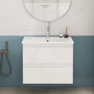 Meuble-lavabo de salle de bain avec lavabo, deux grands tiroirs et système de fermeture en douceur