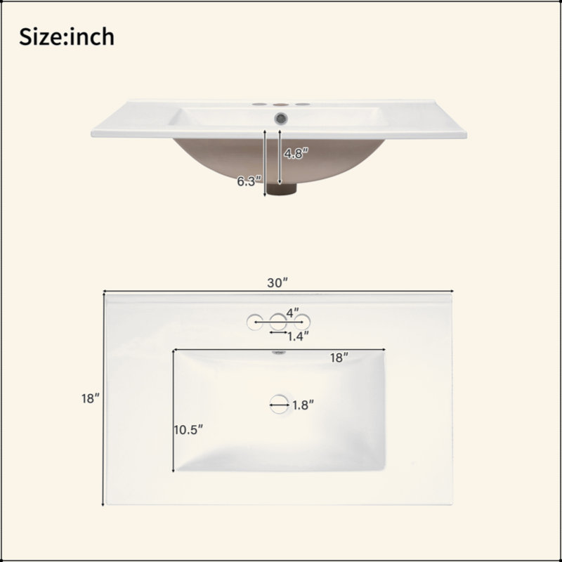 Meuble-lavabo de 30 po avec lavabo en céramique, armoire de rangement moderne avec portes à fermeture douce, tiroir profond et tiroir standard, meuble-lavabo élégant pour les petites salles de bain