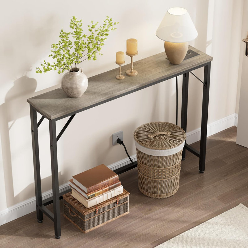 Geron 39.3" Console Table with Power Outlets, Compact Sofa Table with Storage, Gray