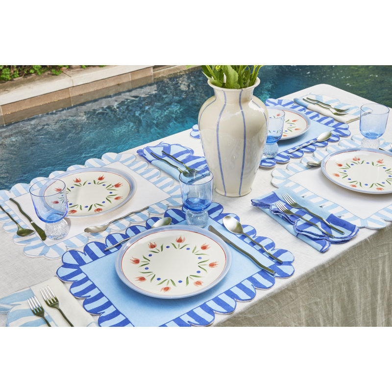 Embroidered Linen Scalloped Stripe Double-Sided Placemats, Blue