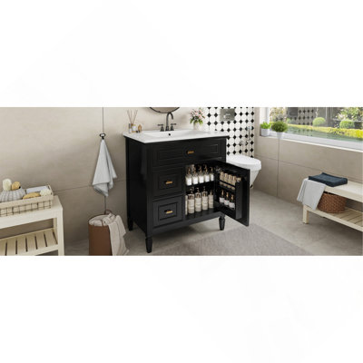Meuble-lavabo 30 po avec lavabo, meuble-lavabo avec un tiroir rabattable et deux tiroirs, tablette réglable, bois massif et panneau de fibres à densité moyenne, noir
