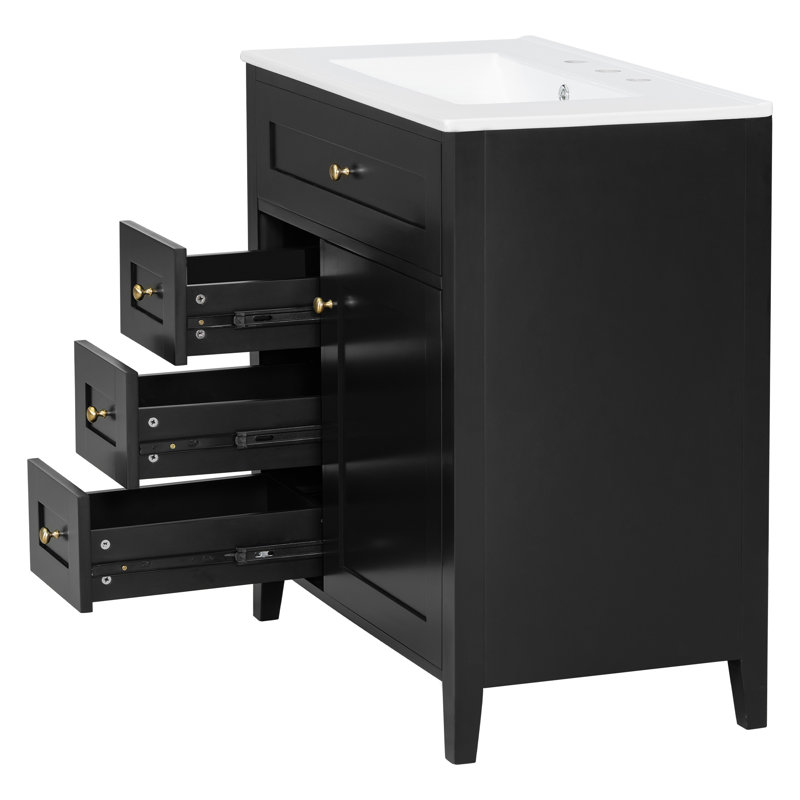 Meuble-lavabo noir 30 po avec lavabo, Noir et or