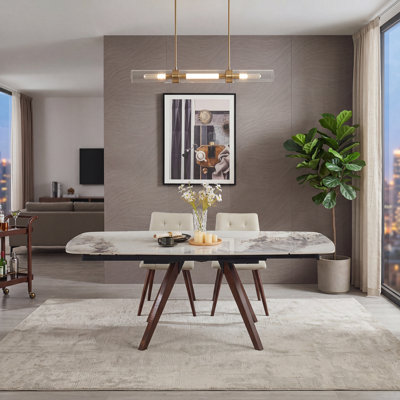 Table de salle à manger en pierre frittée rétractable extensible 55 po à 79 po avec 8 bases résistantes aux égratignures et à la chaleur blanc Chanel