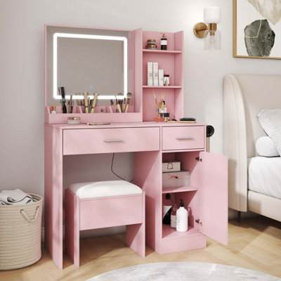 Ensemble de coiffeuse, bureau de coiffeuse avec tabouret, miroir lumineux à DEL et station de charge Lavin