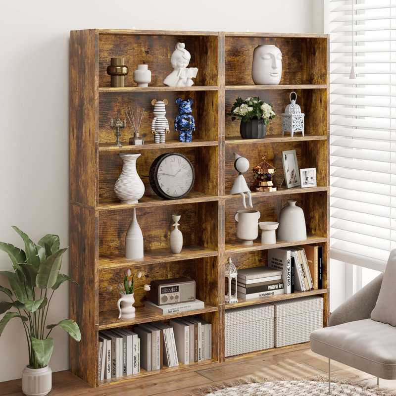 Tall Bookcase - Set Of 2, Storage And Display Bookshelves For Home Office And Living Room, Brown, 63" H x 23.8" W x 9.2" D