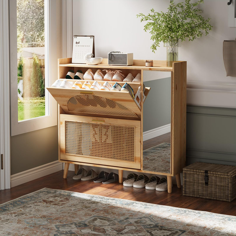 Rattan Shoe Cabinet with Flip Drawers & Mirror, Freestanding Entryway Shoe Storage with Shelves