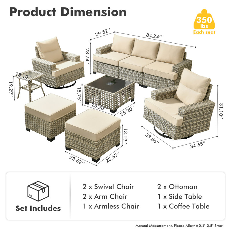 7- Person Rattan Outdoor Seating Group With Swivel Rockers, Beige