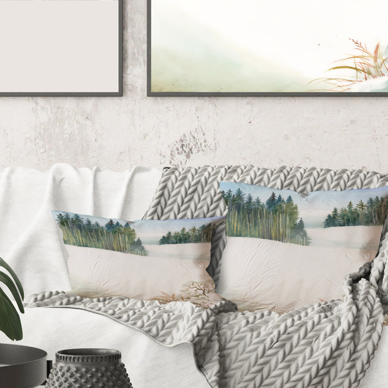 Carré, forêt de pins dans un paysage d'hiver enneigé - Coussin décoratif à imprimé traditionnel, 16" x 16"