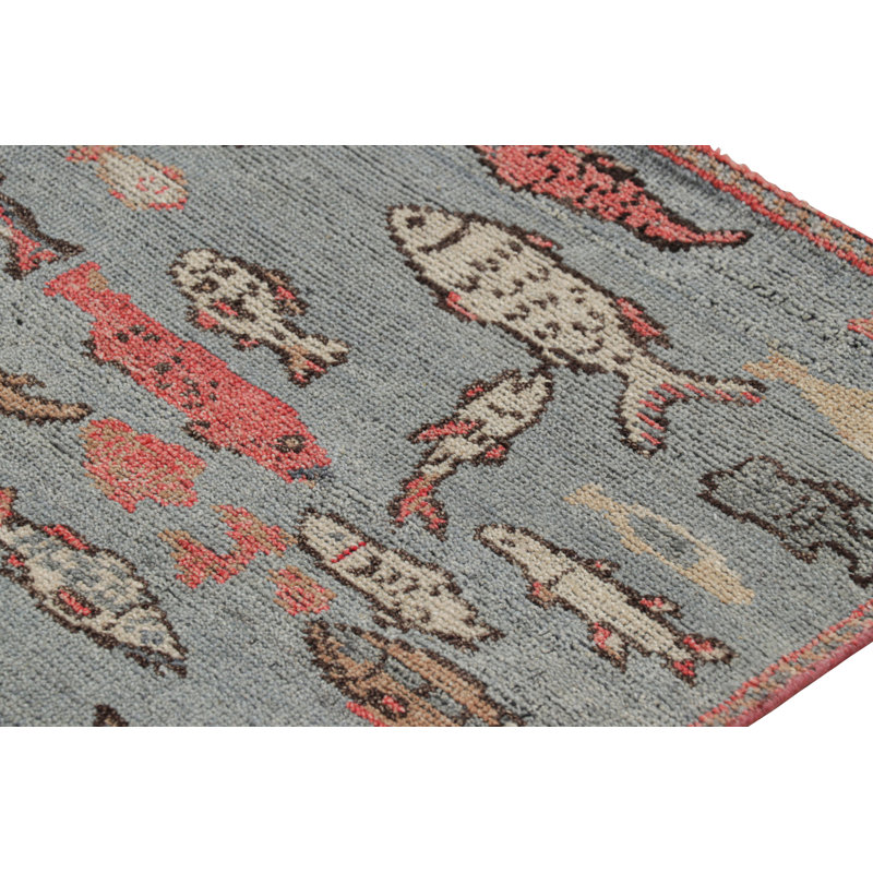Rug & Kilim’S Mid-Century Style Rug In Blue With Colorful Fish Pictorials, Rectangle 5' x 7'